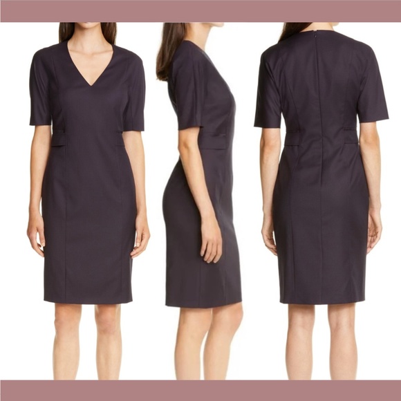 NWT $595 HUGO BOSS [ 14 ] Dibelo V-neck Sheath Dress‎ Grape Mini Houndstooth - Picture 1 of 16